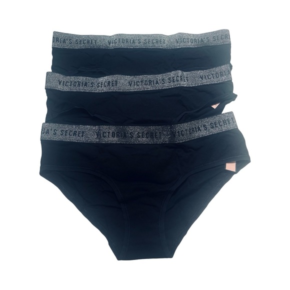 Victorias Secret Hipster Set Of 3 Panties Black/Silver Med. Logo Waist NWT - Picture 2 of 9